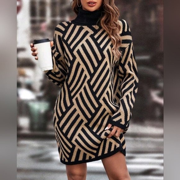 SHEIN Sweater Dress Size S Black & Tan Geometric Pattern - Picture 1 of 10